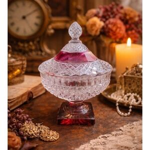 Vintage Glass Cranberry & Crystal Art Glass candy compote dish MCM Westmoreland